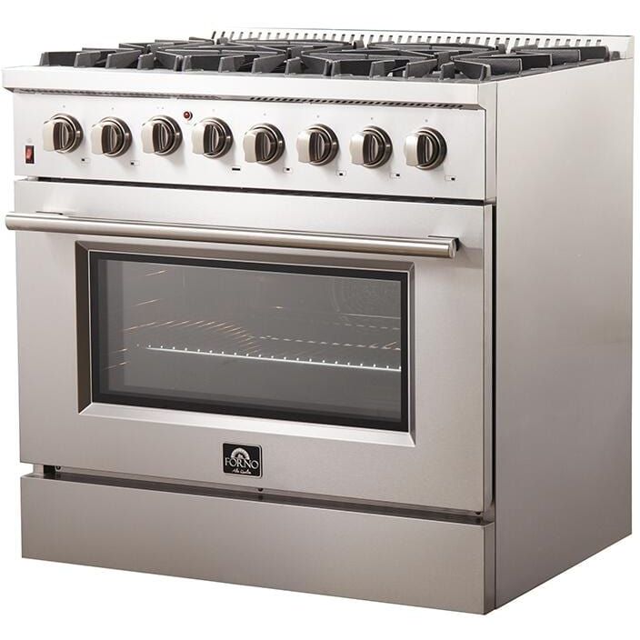 Forno Appliance Package - 36 Inch Dual Fuel Range, Wall Mount Range Hood, Refrigerator, Microwave Drawer, Dishwasher, AP-FFSGS6156-36-8