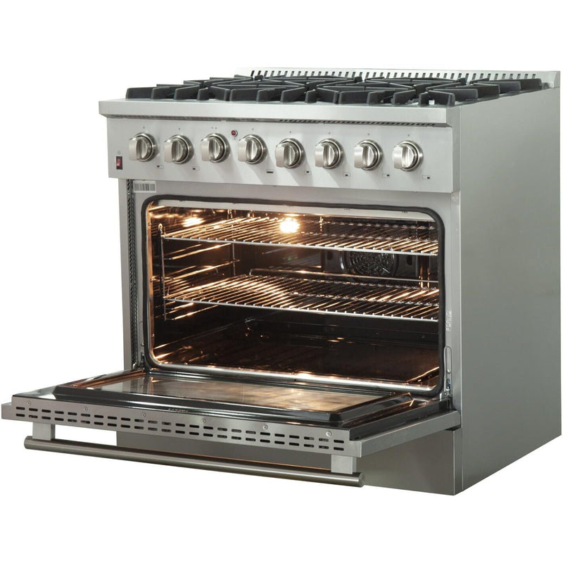 Forno Appliance Package - 36 Inch Dual Fuel Range, Wall Mount Range Hood, Refrigerator, Microwave Drawer, Dishwasher, AP-FFSGS6156-36-8