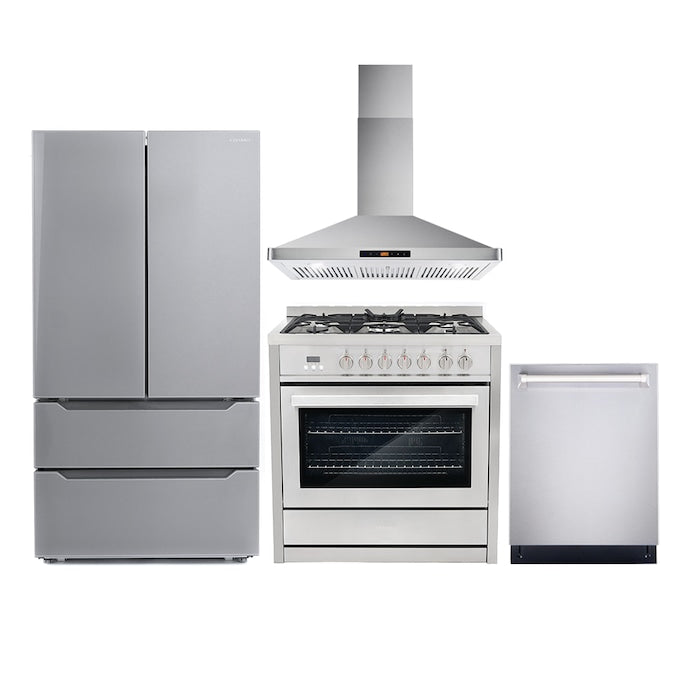 Cosmo 4 Piece Appliance Package with 36" Freestanding Dual Fuel Range 36" Wall Mount Range Hood 24" Built-in Fully Integrated Dishwasher & Energy Star French Door Refrigerator