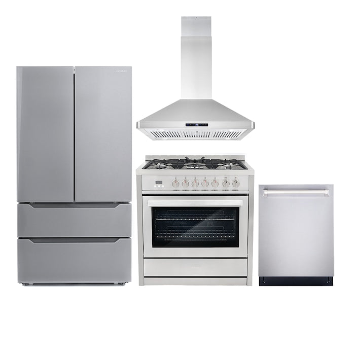 Cosmo 4 Piece Kitchen Package with 36" Freestanding Gas Range 36" Under Cabinet Range Hood 24" Built-in Fully Integrated Dishwasher & Energy Star French Door Refrigerator - COSFR36DFFE