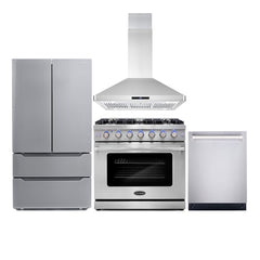 Cosmo 4 Piece Kitchen Package with 36" Freestanding Gas Range 36" Island Mount Range Hood 24" Built-in Fully Integrated Dishwasher & Energy Star French Door Refrigerator