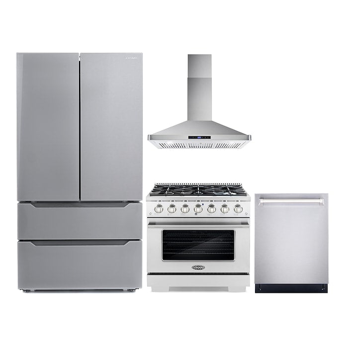 Cosmo 4 Piece Appliance Package with 36" Freestanding Gas Range 36" Wall Mount Range Hood 24" Built-in Fully Integrated Dishwasher & Energy Star French Door Refrigerator