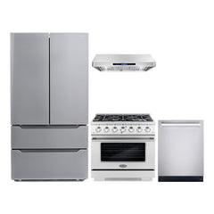 Cosmo 4 Piece Kitchen Package with 36" Freestanding Gas Range 36" Under Cabinet Range Hood 24" Built-in Fully Integrated Dishwasher & Energy Star French Door Refrigerator