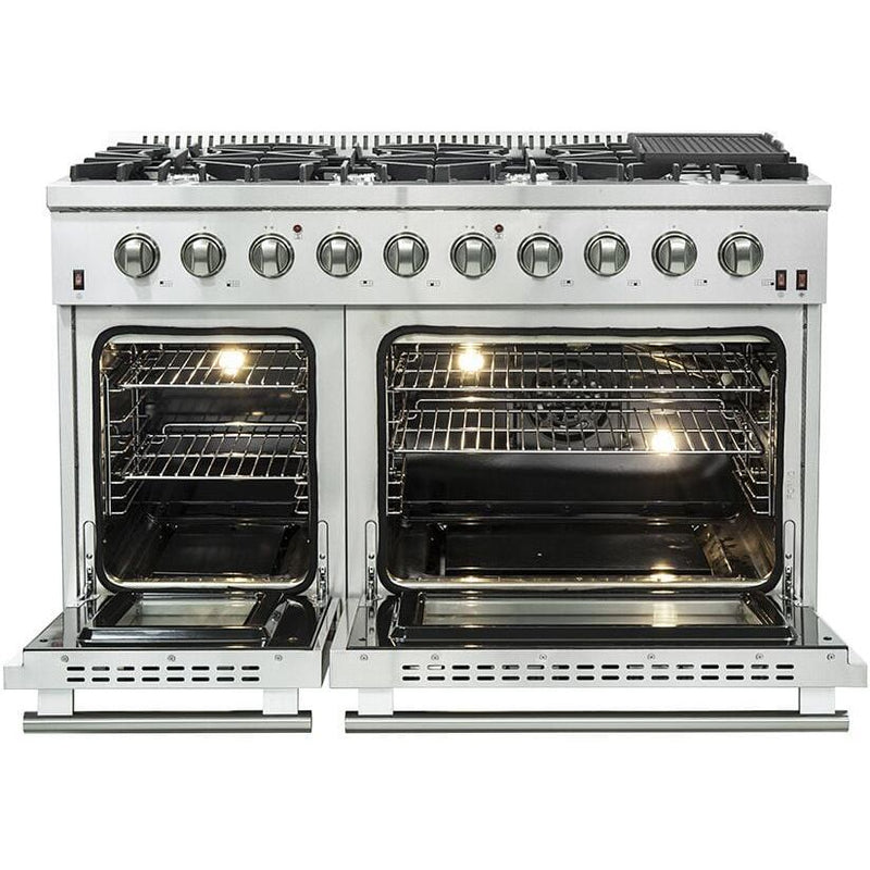 Forno Appliance Package - 48 Inch Gas Range, Wall Mount Range Hood, Refrigerator, Microwave Drawer, Dishwasher, AP-FFSGS6244-48-8