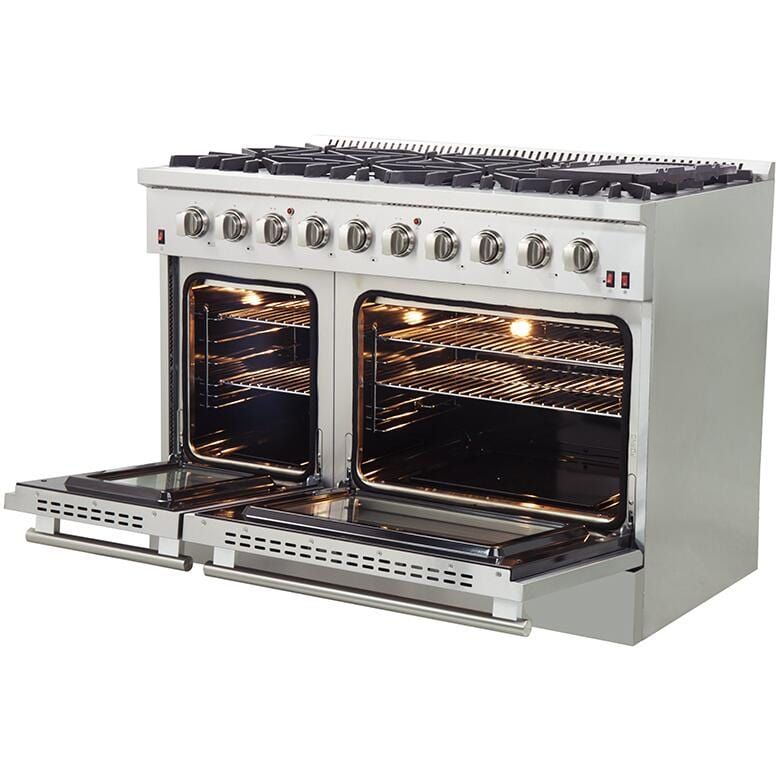 Forno Appliance Package - 48 Inch Gas Range, Wall Mount Range Hood, Refrigerator, Microwave Drawer, Dishwasher, AP-FFSGS6244-48-8