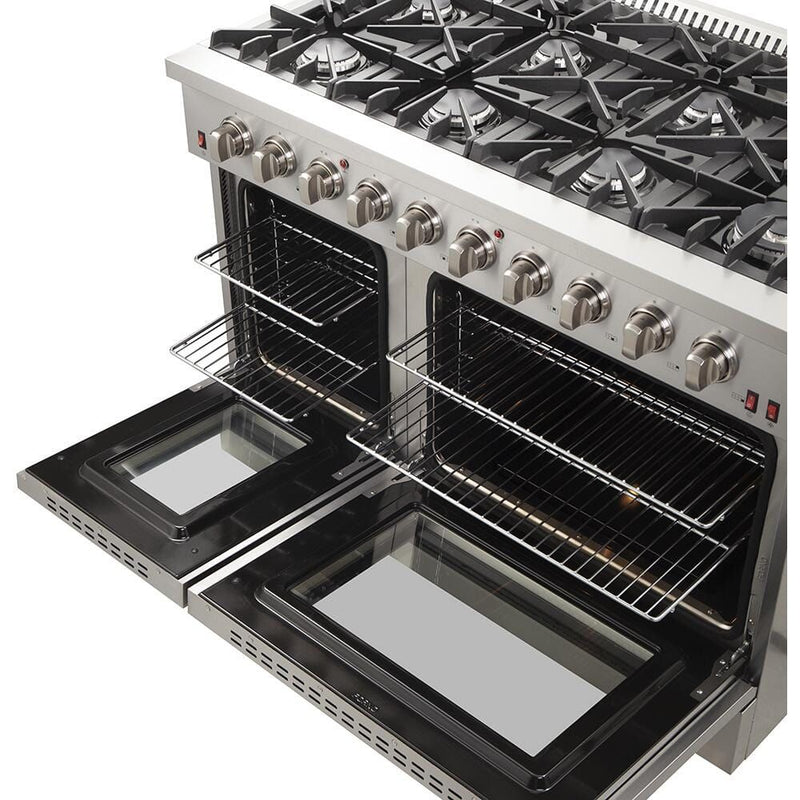 Forno Appliance Package - 48 Inch Gas Range, Wall Mount Range Hood, Refrigerator, Microwave Drawer, Dishwasher, AP-FFSGS6244-48-8