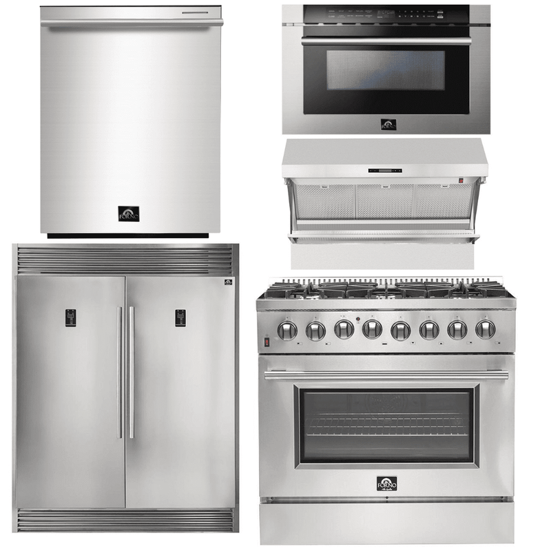 Forno Appliance Package - 36 Inch Dual Fuel Range, Wall Mount Range Hood, Refrigerator, Microwave Drawer, Dishwasher, AP-FFSGS6156-36-8