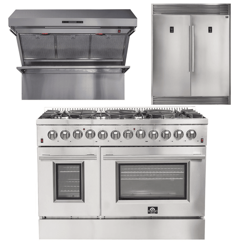 Forno Appliance Package - 48 Inch Dual Fuel Range, Wall Mount Range Hood, 60 Inch Refrigerator, AP-FFSGS6156-48-4