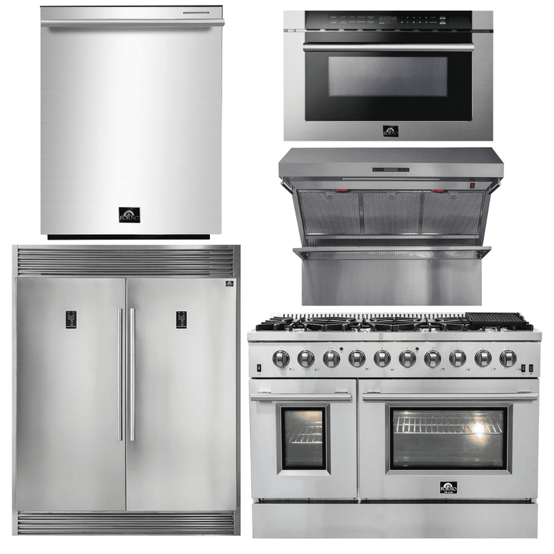 Forno Appliance Package - 48 Inch Gas Range, Wall Mount Range Hood, Refrigerator, Microwave Drawer, Dishwasher, AP-FFSGS6244-48-8