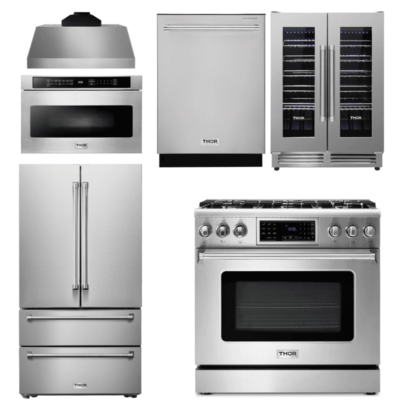 Thor Kitchen Appliance Package - 36 In. Gas Range, Range Hood, Microwave Drawer, Refrigerator, Dishwasher, Wine Cooler, AP-TRG3601-C-6