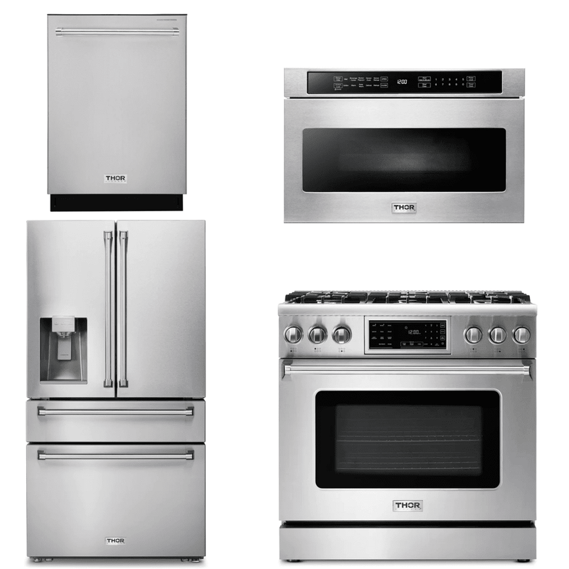 Thor Kitchen Appliance Package - 36 In. Gas Range, Microwave Drawer, Refrigerator with Water and Ice Dispenser, Dishwasher, AP-TRG3601LP-12