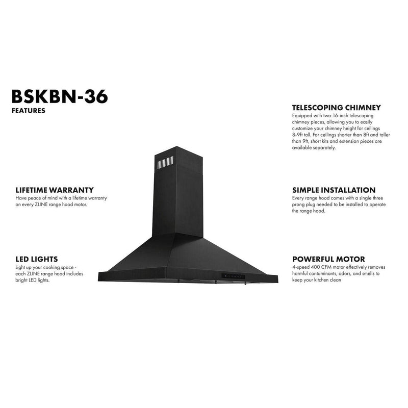 ZLINE Appliance Package 36 in. Gas Range, 36 in. Range Hood - Black Stainless, 2KP-RGBRH36