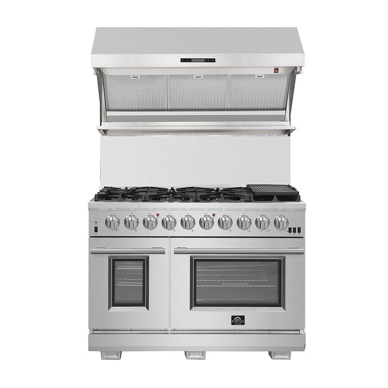 Forno Appliance Package - 48 Inch Gas Range, Wall Mount Range Hood, Refrigerator, Microwave Drawer, Dishwasher, AP-FFSGS6244-48-8