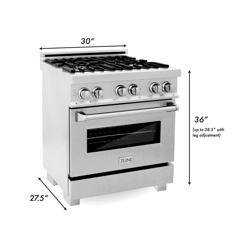 ZLINE Kitchen and Bath 30 in. Professional Gas Burner/Electric Oven in DuraSnow® Stainless, RAS-SN-30