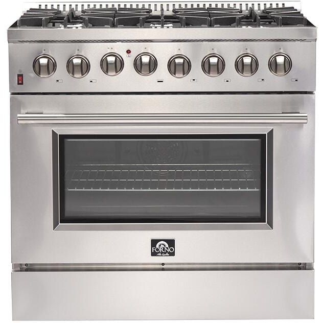 Forno Appliance Package - 36 Inch Dual Fuel Range, Wall Mount Range Hood, Refrigerator, Microwave Drawer, Dishwasher, AP-FFSGS6156-36-8