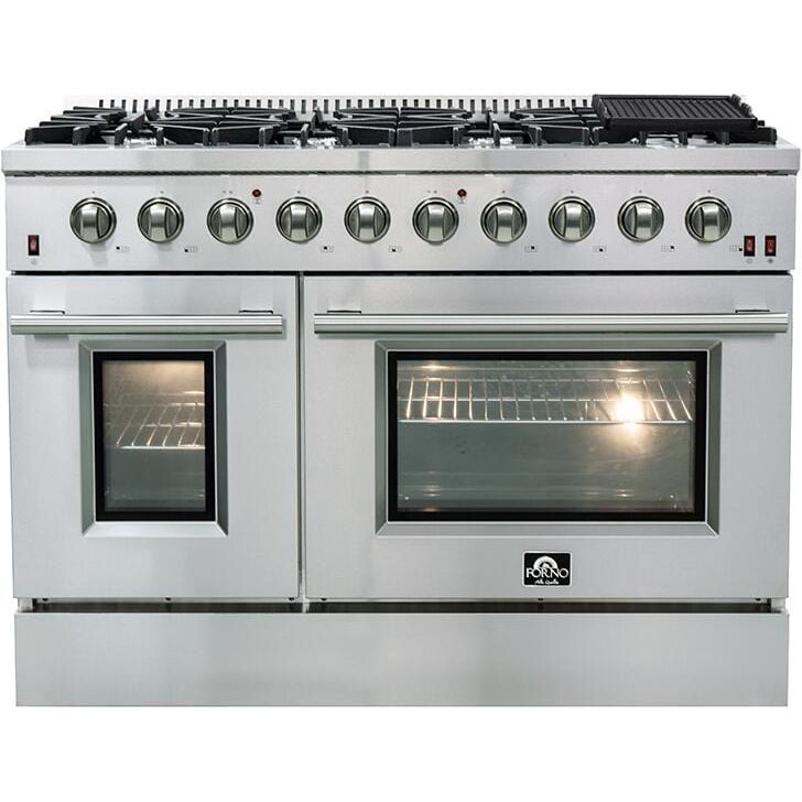 Forno Appliance Package - 48 Inch Gas Range, Wall Mount Range Hood, Refrigerator, Microwave Drawer, Dishwasher, AP-FFSGS6244-48-8