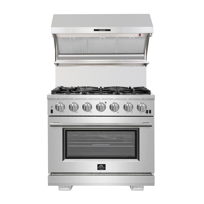 Forno Appliance Package - 36 Inch Gas Burner/Electric Oven Pro Range, Wall Mount Range Hood, Refrigerator, Microwave Drawer, Dishwasher, AP-FFSGS6187-36-8