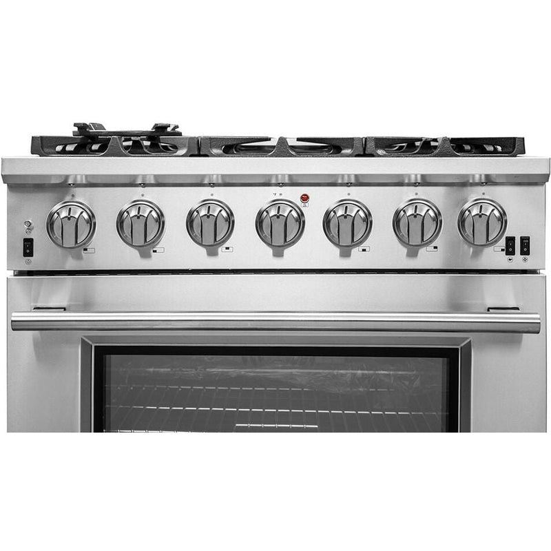 Forno Appliance Package - 36 Inch Gas Burner/Electric Oven Pro Range, Wall Mount Range Hood, Refrigerator, Microwave Drawer, Dishwasher, AP-FFSGS6187-36-8