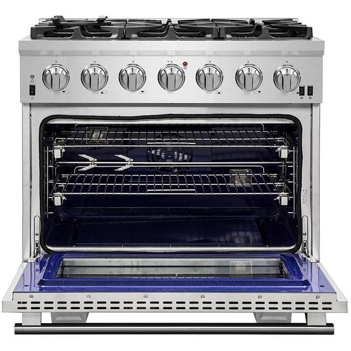 Forno Appliance Package - 36 Inch Gas Burner/Electric Oven Pro Range, Wall Mount Range Hood, Refrigerator, Microwave Drawer, Dishwasher, AP-FFSGS6187-36-8