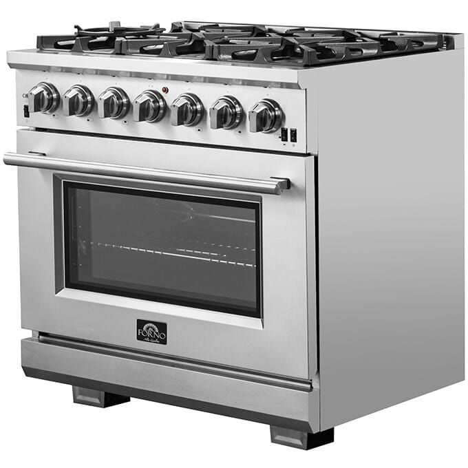 Forno Appliance Package - 36 Inch Gas Burner/Electric Oven Pro Range, Wall Mount Range Hood, Refrigerator, Microwave Drawer, Dishwasher, AP-FFSGS6187-36-8