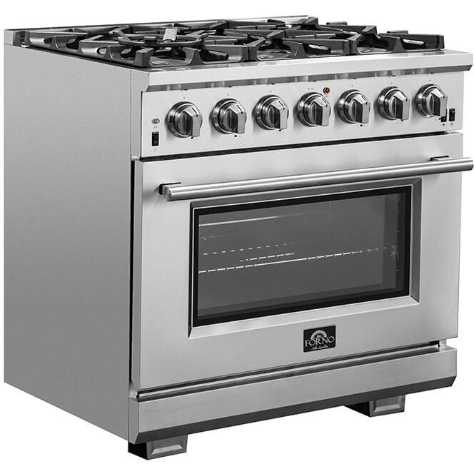 Forno Appliance Package - 36 Inch Gas Burner/Electric Oven Pro Range, Wall Mount Range Hood, Refrigerator, Microwave Drawer, Dishwasher, AP-FFSGS6187-36-8