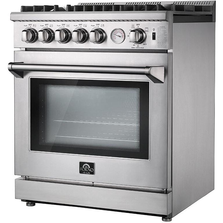 Forno Appliance Package - 30 Inch Gas Range, Wall Mount Range Hood, Refrigerator, Microwave Drawer, Dishwasher, AP-FFSGS6275-30-W-8