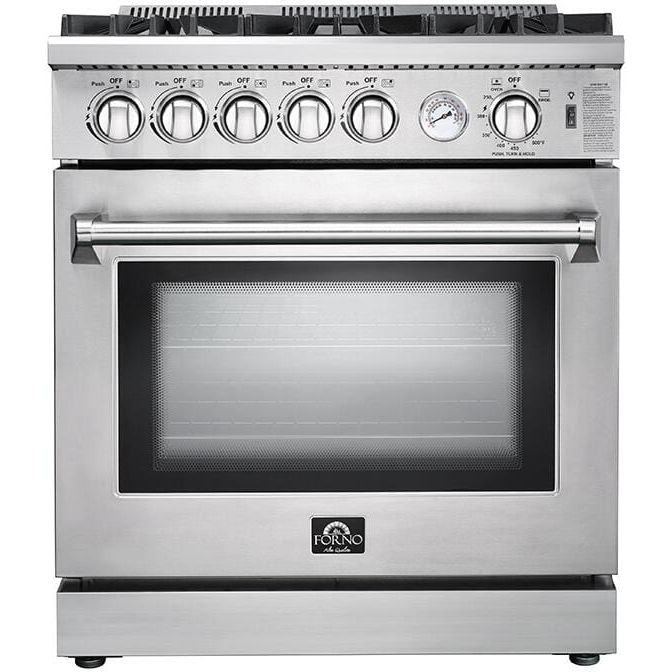 Forno Appliance Package - 30 Inch Gas Range, Wall Mount Range Hood, Refrigerator, Microwave Drawer, Dishwasher, AP-FFSGS6275-30-W-8