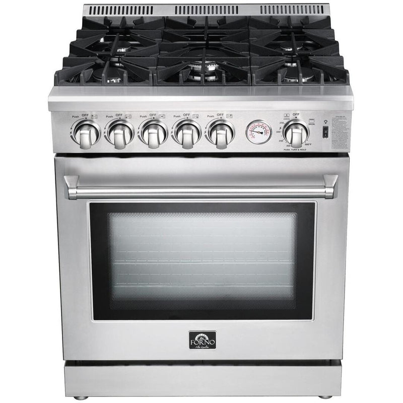 Forno Appliance Package - 30 Inch Gas Range, Wall Mount Range Hood, Refrigerator, Microwave Drawer, Dishwasher, AP-FFSGS6275-30-W-8