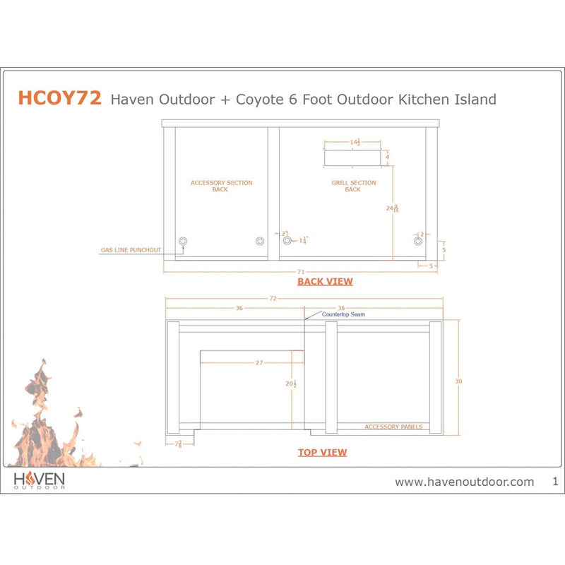 Haven Outdoor 72-Inch Outdoor Kitchen Island with 24-Inch Refrigerator spaces - HCOY72REFAB