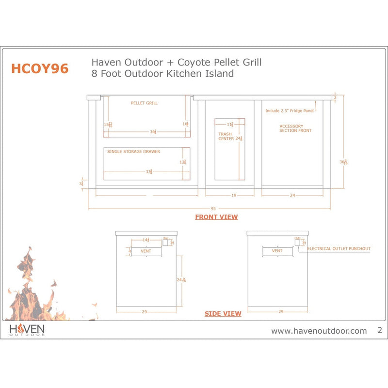 Haven 96-Inch Outdoor Kitchen Island with 36-Inch Pellet Grill & Refrigerator Cutouts - HCOY96PREFAB