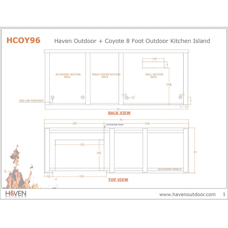 Haven Outdoor 96-Inch Outdoor Kitchen Island with Trash Center & 24-Inch Refrigerator space - HCOY96REFAB