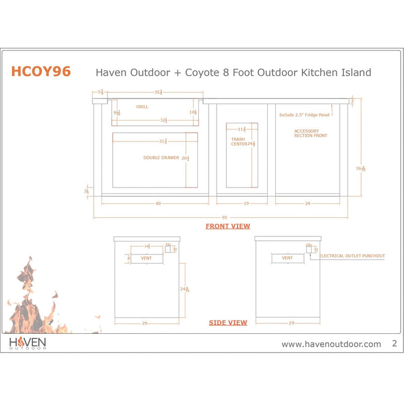 Haven 96-Inch Outdoor Kitchen Island with Trash Center, 24-Inch Refrigerator & Gas Grill - HCOY96REF-AB-LP