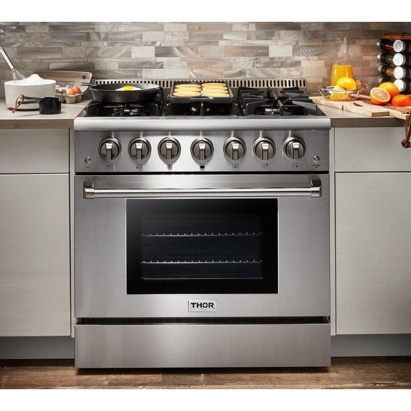 Thor Kitchen Appliance Package - 36 in. Natural Gas Range, Range Hood, Microwave Drawer, Refrigerator, Dishwasher, Wine Cooler, AP-HRG3618U-8