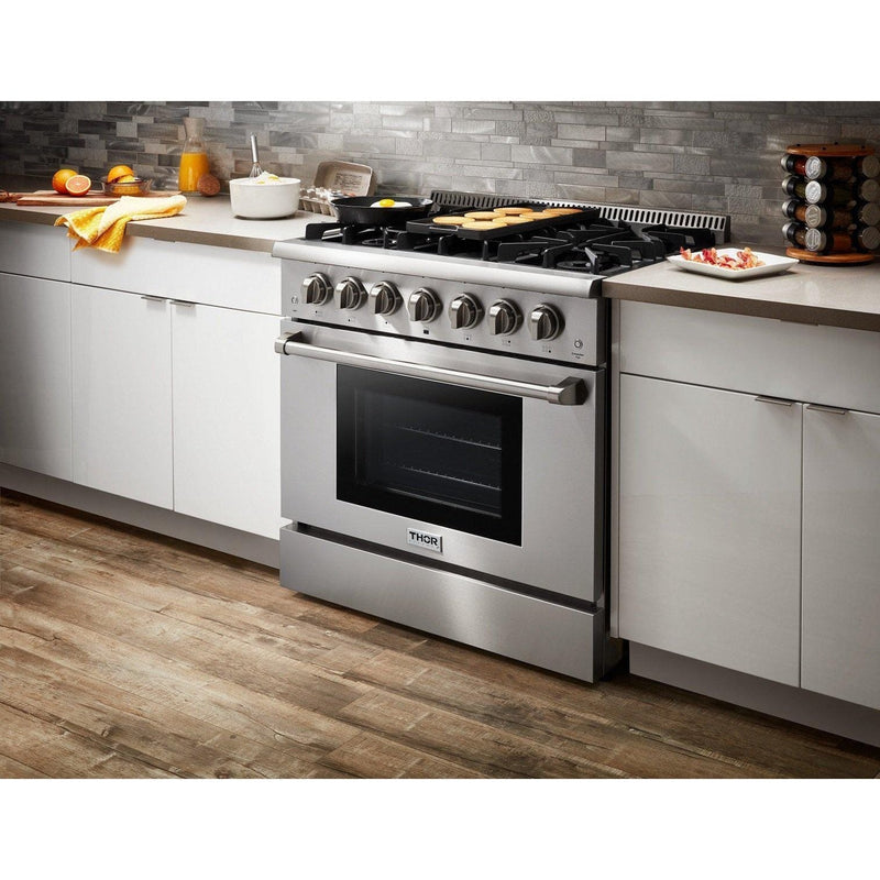 Thor Kitchen Appliance Package - 36 in. Natural Gas Range, Range Hood, Microwave Drawer, Refrigerator, Dishwasher, Wine Cooler, AP-HRG3618U-8