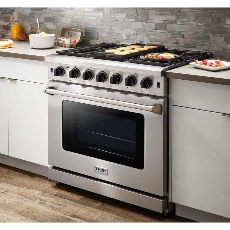 Thor Kitchen Appliance Package - 36 in. Propane Gas Range, Range Hood, Refrigerator, Dishwasher, Wine Cooler, AP-LRG3601ULP-4