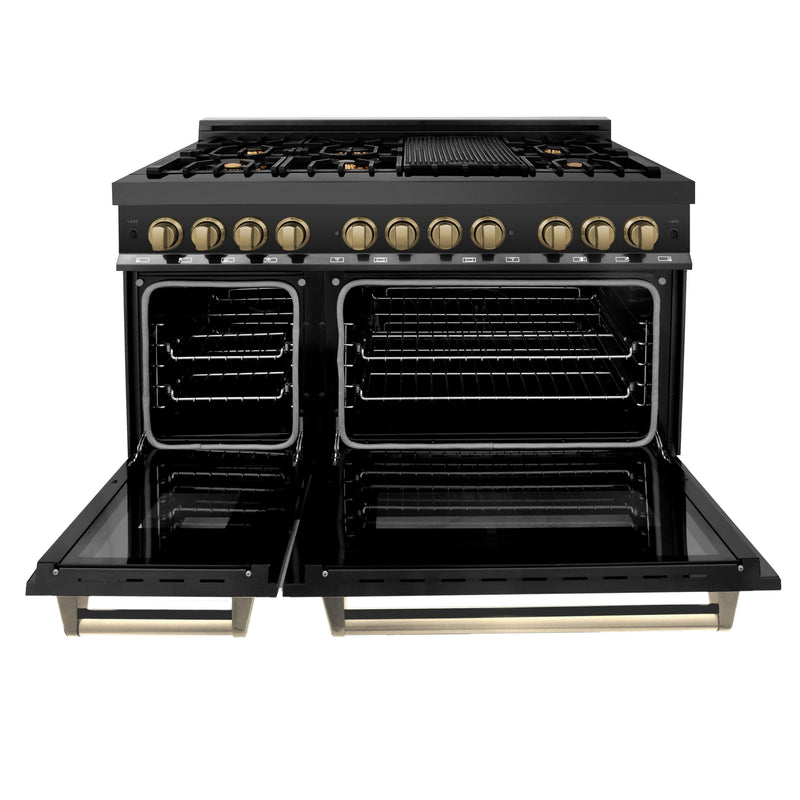 ZLINE Autograph 48 in. Gas Burner/Electric Oven Range in Black Stainless Steel and Champagne Bronze Accents, RABZ-48-CB