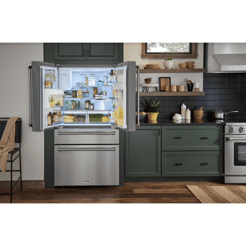 Thor Kitchen Appliance Package - 30 In. Natural Gas Range, Range Hood, Refrigerator with Water and Ice Dispenser, Dishwasher, Wine Cooler, AP-TRG3001-W-8