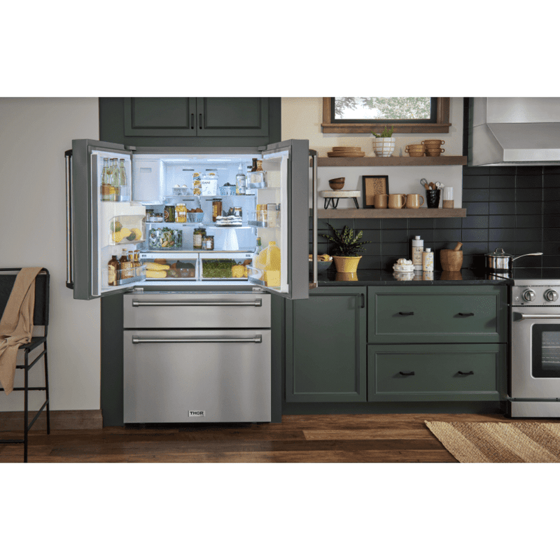 Thor Kitchen Appliance Package - 36 In. Gas Range, Range Hood, Microwave Drawer, Refrigerator with Water and Ice Dispenser, Dishwasher, AP-TRG3601LP-W-9