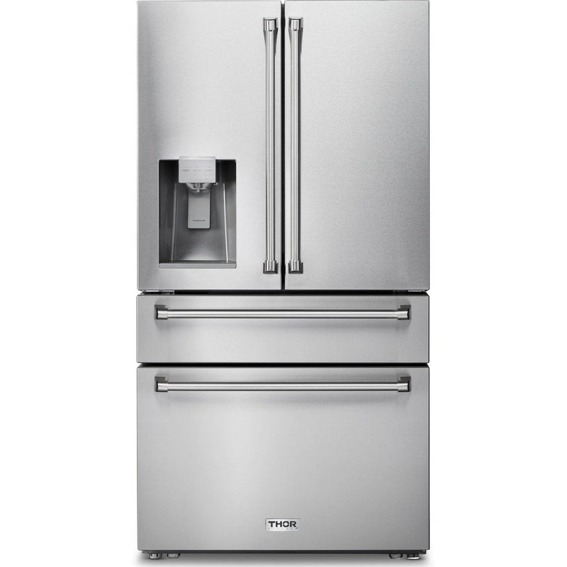 Thor Kitchen Appliance Package - 36 In. Gas Range, Range Hood, Microwave Drawer, Refrigerator with Water and Ice Dispenser, Dishwasher, AP-TRG3601LP-W-9