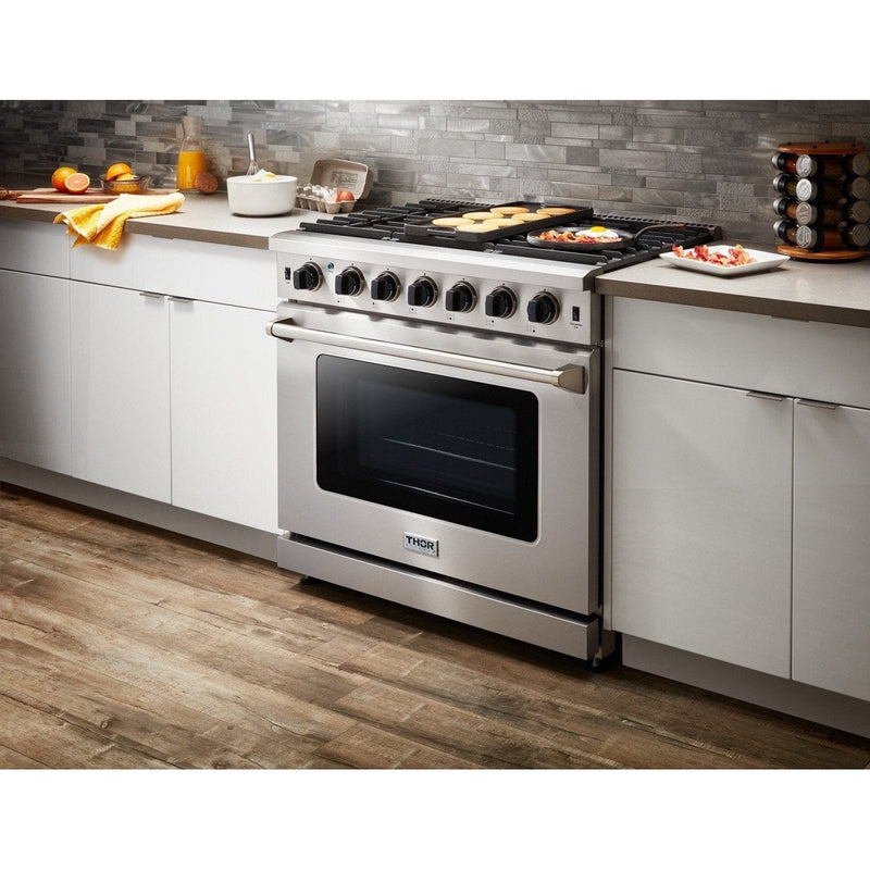 Thor Kitchen Appliance Package - 36 in. Natural Gas Range, Range Hood, Microwave Drawer, Refrigerator, Dishwasher, Wine Cooler, AP-LRG3601U-8