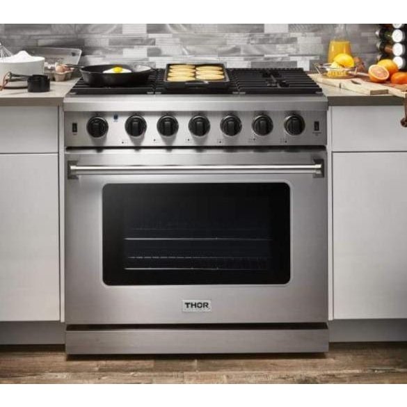 Thor Kitchen Appliance Package - 36 in. Gas Range, Range Hood, Refrigerator, Dishwasher - AP-LRG3601U-3