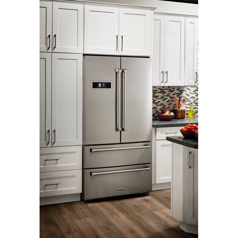 Thor Kitchen Appliance Package - 36 in. Natural Gas Range, Range Hood, Microwave Drawer, Refrigerator, Dishwasher, Wine Cooler, AP-HRG3618U-8