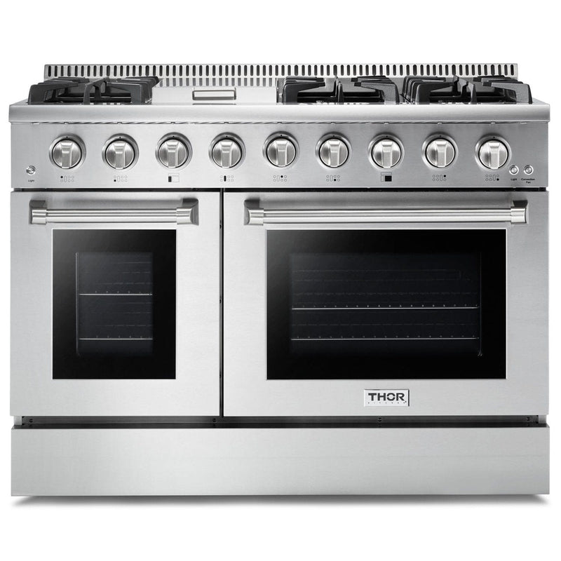 Thor Kitchen Appliance Package - 48 in. Gas Range, Range Hood, Refrigerator, Dishwasher, Microwave Drawer, Wine Cooler, AP-HRG4808U-W-6