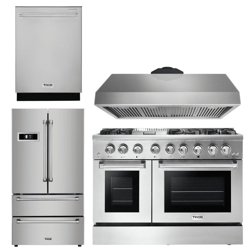 Thor Kitchen Appliance Package - 48 in. Gas Burner/Electric Oven Range, Range Hood, Refrigerator, Dishwasher, AP-HRD4803U-3