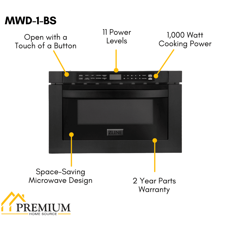 ZLINE Appliance Package - 36 in. Gas Range, Range Hood, Microwave Drawer, Dishwasher - Black Stainless Steel, 4KP-RGBRBRH36-MWDW