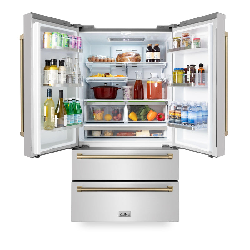 ZLINE 36 In. Autograph 22.5 cu. ft. Refrigerator with Ice Maker in Fingerprint Resistant Stainless Steel and Champagne Bronze Accents, RFMZ-36-CB