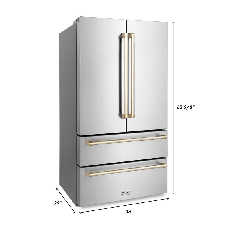 ZLINE 36 In. Autograph 22.5 cu. ft. Refrigerator with Ice Maker in Fingerprint Resistant Stainless Steel and Gold Accents, RFMZ-36-G