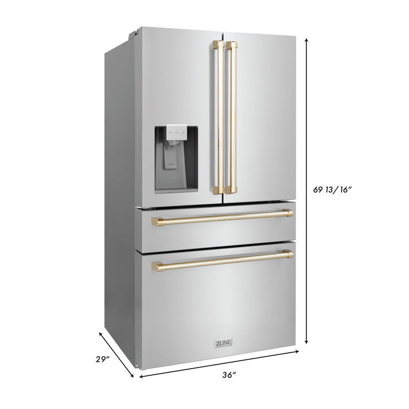 ZLINE 36 In. Autograph French Door Refrigerator with Water and Ice Dispenser in Fingerprint Resistant Stainless Steel with Gold Accents, RFMZ-W-36-G