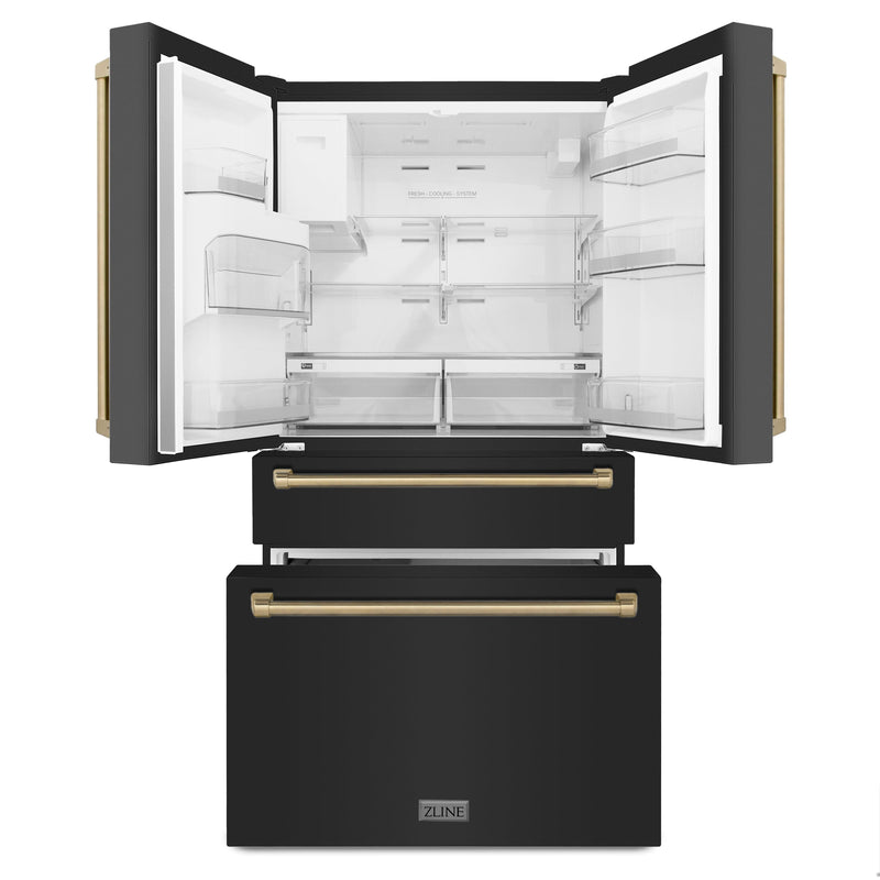 ZLINE 36 In. Autograph Refrigerator with Water and Ice Dispenser in Black with Champagne Bronze Handles, RFMZ-W-36-BS-CB