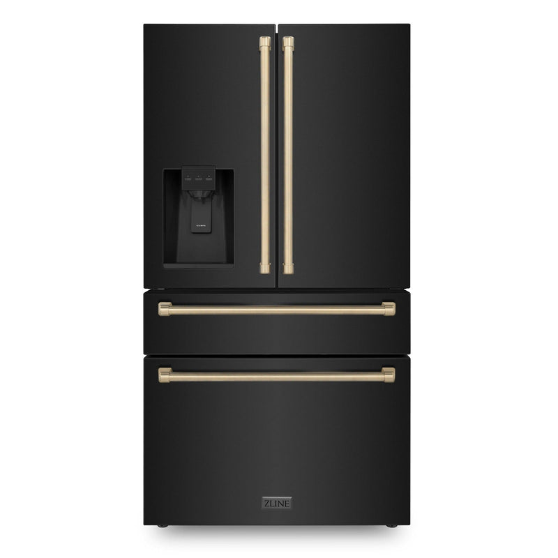 ZLINE 36 In. Autograph Refrigerator with Water and Ice Dispenser in Black with Champagne Bronze Handles, RFMZ-W-36-BS-CB